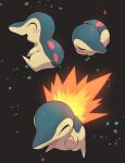  :d ^_^ absurdres black_background blush closed_eyes closed_mouth commentary_request cyndaquil fire highres multiple_views no_humans nullma open_mouth pokemon pokemon_(creature) profile simple_background sitting sleeping smile 