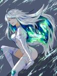  1girl absurdres ahoge boots colored_inner_hair fate/grand_order fate_(series) gloves green_eyes green_hair grey_background grey_hair highres kukulkan_(fate) long_hair multicolored_hair sitting sodamachi thigh_boots white_gloves 