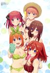  5girls :d absurdres ahoge bikini bikini_top_only black_bikini black_ribbon blue_eyes blush breasts brown_hair butterfly_hair_ornament cleavage collarbone everyone food go-toubun_no_hanayome green_bikini green_ribbon hair_between_eyes hair_ornament hair_ribbon hat headphones headphones_around_neck highres holding holding_food ice_cream large_breasts long_hair looking_at_viewer magazine_scan multiple_girls nakano_ichika nakano_itsuki nakano_miku nakano_nino nakano_yotsuba navel official_art open_mouth orange_hair pink_hair ponytail popsicle purple_eyes red_bikini red_hair ribbon scan short_hair siblings side-tie_bikini_bottom sisters smile star_(symbol) star_hair_ornament straw_hat swimsuit tongue tongue_out twintails 