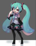  1girl absurdres aqua_hair aqua_necktie bare_shoulders black_footwear black_skirt black_sleeves blue_eyes boots collared_shirt crossover detached_sleeves full_body grey_background grey_shirt hair_ornament hand_up hatsune_miku headset highres inkling inkling_girl long_hair long_sleeves looking_at_viewer miniskirt necktie one_eye_closed open_mouth shirt simple_background skirt sleeveless sleeveless_shirt solo splatoon_(series) standing thigh_boots topdylan twintails very_long_hair vocaloid wide_sleeves zettai_ryouiki 