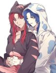  1boy 1girl animal_ears black_pajamas blue_hair breasts cat_ears chesed_(project_moon) dog_ears gebura_(project_moon) grey_eyes hetero heterochromia highres hood hood_up hug hug_from_behind large_breasts library_of_ruina long_hair long_sleeves looking_to_the_side low_ponytail munjiduck open_mouth pajamas project_moon red_hair scar scar_across_eye sidelocks simple_background smile very_long_hair white_background white_pajamas yellow_eyes 