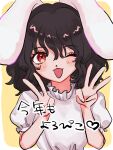  1girl ;d animal_ears black_hair blush chunmarupi commentary_request dress floppy_ears hair_between_eyes hands_up highres inaba_tewi looking_at_viewer medium_hair one_eye_closed open_mouth petite puffy_short_sleeves puffy_sleeves rabbit_ears red_eyes short_sleeves simple_background smile solo touhou upper_body v w white_dress yellow_background 