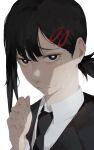  1girl absurdres black_hair black_jacket black_necktie chainsaw_man collared_shirt formal hair_ornament hairclip higashiyama_kobeni highres jacket looking_at_viewer mole mole_on_cheek mole_under_eye mole_under_mouth multiple_moles necktie niri_(eunhaha02) shirt short_hair short_ponytail single_sidelock solo suit suit_jacket white_shirt 