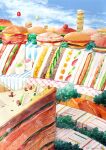  aircraft awoino blue_sky burger cheese cloud cloudy_sky food food_focus fruit fruit_sandwich highres hot_air_balloon meat no_humans orange_(fruit) orange_slice original sandwich shadow sky squirrel tomato traditional_media tree twitter_username very_wide_shot 