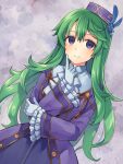  1girl chihiro_(chihiro3399) double-parted_bangs dress eiyuu_densetsu feather_hair_ornament feathers gloves green_hair hair_ornament hat highres long_hair looking_at_viewer musse_egret purple_eyes sen_no_kiseki sen_no_kiseki_iv solo white_gloves 