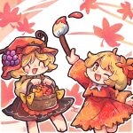  2girls aki_minoriko aki_shizuha barefoot basket black_skirt blonde_hair blush closed_eyes collared_shirt fruit_hat_ornament grape_hat_ornament hair_ornament hat hat_ornament highres holding holding_basket holding_paintbrush leaf leaf_hair_ornament long_sleeves mame_komari maple_leaf mob_cap multiple_girls one_eye_closed open_mouth paintbrush red_headwear red_shirt red_skirt shirt short_hair siblings sisters skirt smile touhou twitter_username yellow_eyes yellow_shirt 