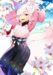  1girl :d animal_ear_fluff animal_ears arms_up black_hakama blue_sky blurry blurry_background blurry_foreground brown_eyes cloud commentary_request commission copyright_request day depth_of_field flower fox_ears fox_girl fox_tail hair_over_one_eye hakama hakama_skirt japanese_clothes kimono kou_hiyoyo long_sleeves looking_at_viewer multiple_tails pink_hair pink_kimono ponytail skeb_commission skirt sky smile solo tail two_tails virtual_youtuber white_flower wide_sleeves 