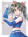  1girl animal_ear_fluff animal_ears blue_skirt blush cheerleader fake_animal_ears fox_ears green_eyes green_hair hair_between_eyes hair_ribbon highres hokkaido_nippon-ham_fighters kantai_collection kitsune_dance long_hair looking_at_viewer minakami_nagara open_mouth pleated_skirt ribbon skirt solo tagme twintails upper_body white_ribbon zuikaku_(kancolle) 