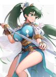  1girl absurdres blue_flower breasts fingerless_gloves fire_emblem fire_emblem:_the_blazing_blade fire_emblem_heroes flower gloves gold_trim gonzarez green_eyes green_hair highres holding holding_sword holding_weapon large_breasts long_hair lyn_(fire_emblem) lyn_(resplendent)_(fire_emblem) official_alternate_costume parted_lips pelvic_curtain ponytail solo sword teeth thighs very_long_hair weapon white_background white_gloves 