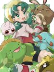  1girl :d bike_shorts blush commentary_request cropped_jacket eyelashes flipped_hair friend_ball fu_(tk1189227dhy) glint green_eyes green_hair hat highres holding holding_poke_ball igglybuff kris_(pokemon) leg_up long_hair open_mouth phanpy poke_ball pokemon pokemon_(creature) pokemon_(game) pokemon_gsc red_shirt sentret shirt shoes skiploom smile sunkern tongue twintails yellow_headwear 