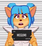  1girl artist_name barbie_mugshot_(meme) blue_hair character_name crash_bandicoot_(series) english_text highres looking_at_viewer medium_hair megumi_(crash_bandicoot) meme mugshot open_mouth portrait raiin_knight red_eyes solo teeth upper_teeth_only watermark 