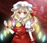  1girl ascot blush cloud crystal dark_background flandre_scarlet hand_up hat highres long_hair looking_at_viewer mauyori3 mob_cap one_side_up puffy_short_sleeves puffy_sleeves red_eyes red_skirt red_vest short_sleeves simple_background skirt skirt_set smile solo touhou vest wings yellow_ascot 