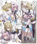  2girls animal_ears arknights black_nails black_thighhighs blue_hair blush boots breasts fingernails highres jacket kirara_(arknights) large_breasts light_brown_hair multicolored_hair multiple_girls na_tarapisu153 nail pink_hair pointy_ears purple_eyes sharp_fingernails short_shorts shorts shy speech_bubble talking tentacles thighhighs utage_(arknights) white_jacket yuri 