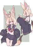  1girl absurdres animal animal_ear_fluff animal_ears animal_on_head black_cardigan blonde_hair blush border bow bowtie cardigan cardigan_partially_removed commentary_request creature_and_personification cropped_legs double_bun fennec_fox film_grain fox_ears fox_girl fox_on_head fox_tail from_side green_background grey_sailor_collar grey_skirt hair_bun highres holding holding_animal long_sleeves looking_at_animal medium_hair megateru multiple_views notice_lines on_head open_cardigan open_clothes open_mouth original outside_border pleated_skirt profile red_bow red_bowtie red_eyes sailor_collar school_uniform serafuku shirt short_sleeves sidelocks simple_background skirt sleeves_past_fingers sleeves_past_wrists tail white_border white_shirt 