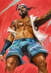 1boy abs arm_tattoo bara bare_pectorals chest_tattoo dark-skinned_male dark_skin feet_out_of_frame from_below hanzo_(overwatch) highres jinhallz large_pectorals male_focus male_swimwear muscular muscular_male navel nipples off_shoulder official_alternate_costume open_clothes open_shirt overwatch overwatch_1 pectorals shirt short_hair sleeveless sleeveless_shirt solo standing stomach swim_trunks tattoo 
