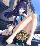  1girl absurdres ankle_boots bare_shoulders barefoot black_gloves black_headwear boots building dress elbow_gloves glasses gloves highres honkai:_star_rail honkai_(series) legs long_hair looking_at_viewer nail_polish open_mouth outdoors pelageya_sergeyevna purple_hair purple_scarf round_eyewear scarf short_sleeves sitting sky solo toenail_polish toenails white_dress white_footwear wu_ganlan_cai 