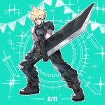  1boy armor baggy_pants black_footwear black_gloves blonde_hair blue_eyes boots buster_sword closed_mouth cloud_strife commentary_request dated fighting_stance final_fantasy final_fantasy_vii final_fantasy_vii_remake full_body gloves highres holding holding_sword holding_weapon huge_weapon looking_at_viewer male_focus nnnmmg0725 pants ribbed_sweater short_hair shoulder_armor single_bare_shoulder sleeveless sleeveless_turtleneck smile solo sparkle spiked_hair standing suspenders sweater sword toned toned_male turtleneck turtleneck_sweater weapon 