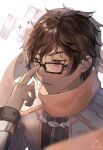  1boy adjusting_eyewear brown_hair dark-skinned_male dark_skin glasses highres jacket katashiro_(xenoblade) male_focus mirin. orange_scarf scarf solo taion_(xenoblade) wavy_hair white_jacket xenoblade_chronicles_(series) xenoblade_chronicles_3 