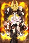  2girls 4boys akizuki_daigo amily_(garo) animal_ears armor axe belt black_dress black_hair black_jacket blue_butterfly brown_hair bug butterfly chrysanthemum dougai_ryuuga dress everyone evil_smile fingerless_gloves fire flower gald_homura garo garo_(series) garo_gold_storm_flight_(series) garo_sho gloves gun hat holding holding_axe holding_calligraphy_brush holding_gun holding_sword holding_weapon impossible_clothes jacket japanese_clothes jewelry jinga_(garo) long_hair long_sleeves looking_at_viewer multiple_boys multiple_girls necklace red_lips rian_(garo) ryume_(garo) satoi_(baudy) smile sword tokusatsu weapon white_headwear 