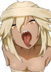  1girl bare_shoulders blonde_hair breasts cleavage commentary_request dark-skinned_female dark_skin flasso guilty_gear hair_between_eyes highres long_hair looking_at_viewer medium_breasts open_mouth orange_eyes ramlethal_valentine sharp_teeth simple_background slit_pupils solo teeth tongue tongue_out upper_body white_background 