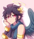  1boy angel angel_wings armband armlet black_hair black_wings dark_pit enni feathered_wings halo highres kid_icarus kid_icarus_uprising laurel_crown looking_at_viewer male_focus solo squiggle upper_body wings 