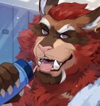  anthro beverage blue_eyes brown_body brown_fur bust_portrait corzh77 ear_piercing ear_ring eyebrows fur hi_res holding_beverage holding_object inside locker locker_room male open_mouth piercing portrait pupils red_body red_fur red_nose red_tongue ring_piercing solo species_request tongue tongue_out white_eyebrows yellow_pupils 