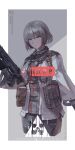  1girl absurdres defy_(girls&#039;_frontline) drum_magazine girls&#039;_frontline gun highres light_machine_gun load_bearing_equipment looking_at_viewer magazine_(weapon) purple_eyes rpk-16 rpk-16_(girls&#039;_frontline) russian_text short_hair smile tactical_clothes useless weapon 