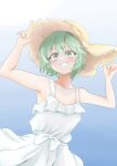  1girl absurdres alternate_costume blue_background blush commentary_request cowboy_shot dress flat_chest frilled_dress frills gradient_background green_eyes green_hair grin hair_between_eyes hat highres looking_at_viewer medium_bangs namonakisamurai short_hair smile solo straw_hat sun_hat sundress textless_version touhou white_dress wriggle_nightbug yellow_headwear 