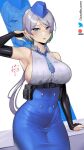  1girl armpits bare_shoulders belt black_belt black_gloves blue_eyes blue_headwear blue_necktie blue_skirt breasts brid_(nikke) commentary_request covered_navel cowboy_shot elbow_gloves gloves goddess_of_victory:_nikke grey_hair grey_shirt highres large_breasts long_hair looking_at_viewer necktie open_mouth pencil_skirt shirt simple_background skirt sleeveless sleeveless_shirt solo standing very_long_hair white_background zoom_layer 