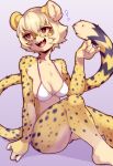  anthro bikini blonde_hair breasts cheetah clothed clothing coffeechicken cute_fangs exclamation_point felid feline female fur hair hi_res mammal open_mouth partially_clothed simple_background sitting solo spots spotted_body spotted_fur swimwear translucent translucent_hair yellow_body yellow_fur 