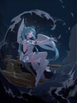  1girl absurdres ahoge angel_wings armlet blue_eyes blue_hair bow breasts cleavage crown crying dark dudu_(user_ukrz7787) feather_hair_ornament feathered_wings feathers full_body hair_ornament hand_on_own_chest hatsune_miku highres leotard long_hair low_wings mini_crown night no_shoes ocean open_mouth outstretched_arm sitting skirt small_breasts solo sparkle tears telegraph thighhighs twintails very_long_hair vocaloid water waving wet wings wrist_cuffs 