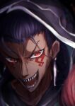  1boy :d angry black_background blue_hair close-up collarbone crazy_eyes cu_chulainn_(fate) cu_chulainn_alter_(fate) dark_blue_hair earrings evil_smile facial_tattoo fate/grand_order fate_(series) hair_strand highres hood jewelry looking_at_viewer male_focus mok4suke open_mouth red_eyes saliva sharp_teeth smile tattoo teeth 