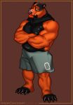  anthro bear bottomwear clothed clothing drugs ear_piercing facial_hair facial_piercing fur guccigarf hi_res male mammal marijuana muscular muscular_anthro muscular_male nose_piercing orange_body orange_fur overweight partially_clothed piercing shorts solo spots 