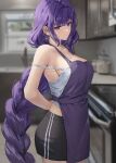  1girl absurdres alternate_costume apron arms_behind_head bakemonsou bare_shoulders black_shorts blurry blurry_background blush braid braided_ponytail breasts closed_mouth collarbone commentary_request commission earrings genshin_impact highres indoors jewelry kitchen large_breasts long_hair mole mole_under_eye off_shoulder pixiv_commission purple_apron purple_eyes purple_hair raiden_shogun shirt shorts sideboob sleeveless sleeveless_shirt solo stove tying_apron white_shirt 
