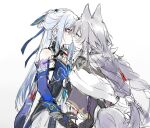  2girls animal_ears baiheng_(honkai:_star_rail) bare_shoulders black_gloves blue_sleeves closed_eyes detached_sleeves fox_ears fox_girl fox_tail fud gloves high_ponytail honkai:_star_rail honkai_(series) jingliu_(honkai:_star_rail) kiss long_hair multiple_girls ponytail purple_hair red_eyes red_tassel skirt tail white_background white_hair white_skirt yuri 