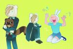  adventure_time anthro cartoon_network clothed clothing female fionna_the_human flynn_the_human_being footwear helado_jpg hi_res human jacques_the_raccoon male mammal procyonid raccoon shoes simple_background square_crossover yellow_background 