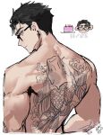  003_ssq 1boy back back_focus back_tattoo bara birthday chibi chibi_inset cropped_torso dated from_behind glasses highres looking_at_viewer looking_back male_focus muscular muscular_male nude original short_hair solo tattoo thick_eyebrows unfinished 