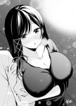  1girl :o arm_grab black_hair black_shirt blush breasts brick_road cleavage collarbone commentary_request hair_between_eyes hair_ribbon highres large_breasts long_hair monochrome open_mouth original ribbon ryopa shirt sidelocks signature sleeves_rolled_up solo_focus standing upper_body white_shirt 