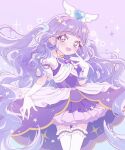  1girl :d aqua_eyes blush commentary_request cure_majesty dress elbow_gloves ellee-chan eyelashes gloves hair_ornament happy hirogaru_sky!_precure long_hair looking_at_viewer magical_girl open_mouth precure purple_background purple_dress purple_hair smile solo standing thighhighs thighs white_gloves white_thighhighs 