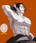  1boy annoyed armpits bara black_hair chest_sarashi cigar covered_abs covered_nipples cowboy_shot crocodile_(one_piece) greyscale_with_colored_background hair_slicked_back hand_in_own_hair highres large_pectorals male_focus manboobs mature_male mg_cls midriff_sarashi muscular muscular_male one_piece pectoral_cleavage pectoral_press pectorals profile sarashi scar scar_on_face scar_on_nose short_hair smoking smoking_pipe solo stitches sweat very_sweaty 
