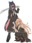  2girls ahoge bandaged_arm bandages bandaid bandaid_on_shoulder black_footwear black_jacket black_pants black_skirt blonde_hair blue_bow blue_eyes blue_hair blunt_bangs bow clenched_teeth criis-chan earrings gun hair_between_eyes hair_bow holding holding_gun holding_sword holding_weapon jacket jewelry long_hair long_sleeves looking_at_viewer mask mouth_mask multicolored_hair multiple_girls neckerchief pants panty_&amp;_stocking_with_garterbelt panty_(psg) pink_hair siblings sisters skirt smile stocking_(psg) sword teeth v weapon white_neckerchief 