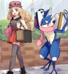  1girl :d bag bare_arms black_footwear blonde_hair blush brown_thighhighs collared_shirt commentary day eyelashes eyewear_on_headwear greninja grey_eyes handbag hat highres long_hair nm222 open_mouth outdoors pink_bag pink_headwear pleated_skirt pokemon pokemon_(creature) pokemon_(game) pokemon_xy red_skirt serena_(pokemon) shirt shoes shopping_bag skirt sleeveless sleeveless_shirt smile standing sunglasses symbol-only_commentary thighhighs walking white-framed_eyewear 