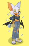  2023 3bat_hadi3 anthro bat bottomwear breasts cleavage clothed clothing eyeshadow female footwear fur hi_res jewelry lipstick makeup mammal narrowed_eyes necklace pants rouge_the_bat sega shoes simple_background smile solo sonic_the_hedgehog_(series) tan_body tan_skin torn_clothing white_body white_fur wings 