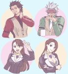 1boy 1girl ace_attorney asymmetrical_bangs black_jacket black_necktie breasts brown_eyes brown_hair brown_vest cleavage closed_mouth coffee_mug collared_shirt commentary_request cropped_torso crossed_arms cup diego_armando godot_(ace_attorney) green_shirt hand_on_own_chin hand_on_own_neck hand_up head-mounted_display highres holding holding_cup jacket jewelry large_breasts lcageki long_hair long_sleeves looking_at_viewer magatama magatama_necklace mask mature_female mature_male mia_fey mole mole_under_mouth mug multiple_views necklace necktie open_mouth phoenix_wright:_ace_attorney_-_trials_and_tribulations red_shirt scarf shirt short_hair smile teeth upper_body v vest white_hair white_necktie yellow_scarf 