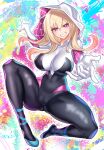  1girl absurdres blonde_hair bodysuit breasts commentary_request commission cosplay covered_navel grin highres hood hooded_bodysuit kitagawa_marin large_breasts long_hair looking_at_viewer marvel nez-box pink_eyes smile solo sono_bisque_doll_wa_koi_wo_suru spider-gwen spider-gwen_(cosplay) spider-man_(series) thighs 