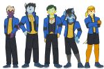  3:2 anthro anthrofied bottomwear buizel clothed clothing crossed_arms footwear fully_clothed fuze generation_4_pokemon grotle group hi_res luxio male nintendo pants pokemon pokemon_(species) pokemorph riolu shoes shorts simple_background stunky thumb_in_waistband white_background 