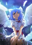  1girl blue_eyes blue_hair bow buttons closed_mouth dress feathered_wings feathers feet_out_of_frame frilled_dress frills gyouza_(mhea5724) hair_bow highres looking_at_viewer mai_(touhou) short_hair short_sleeves smile solo touhou touhou_(pc-98) white_bow white_dress white_wings wings 