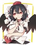  1girl bird_wings black_hair black_skirt black_wings blush breasts buttons closed_mouth collared_shirt feathered_wings hair_between_eyes hat highres holding holding_pen large_breasts minoru_minoru pen pointy_ears pom_pom_(clothes) red_eyes red_headwear shameimaru_aya shirt short_hair short_sleeves skirt solo tokin_hat touhou white_shirt wings 