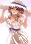  1girl :d bare_shoulders blush breasts brown_eyes brown_hair cleavage commentary_request covered_nipples dress female_pubic_hair hair_ribbon hands_up hat hat_ribbon highres hojo_karen idolmaster idolmaster_cinderella_girls large_breasts looking_at_viewer low_twintails mk_(mod0) navel nipples no_panties open_mouth pubic_hair purple_ribbon ribbon see-through see-through_dress shadow short_twintails smile solo strapless strapless_dress sun_hat tress_ribbon twintails white_dress white_headwear 