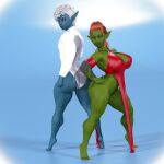 3d_(artwork) barefoot big_breasts big_butt bludergat99 blue_body bottomless breasts butt claws clothed clothing digital_media_(artwork) dress duo feet female goblin green_body hair hi_res humanoid humanoid_pointy_ears looking_at_viewer looking_back male male/female nails red_clothing sharp_nails toe_claws white_clothing white_hair wide_hips xisa_(bludergat99) xiso_(bludergat99) 